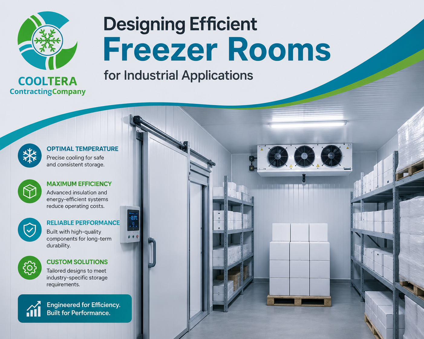 Efficient freezer room system for industrial refrigeration and storage applications